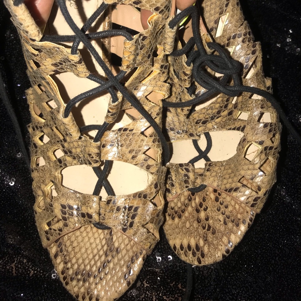 Snakeskin lace up peep toe heels